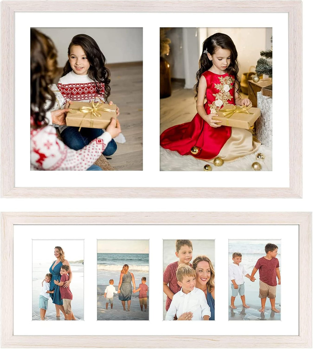 Set of 2 Distressed White Wood Picture Frame for Four 4x6 Photos or Two 8x10 Pictures with Real Glass O173837