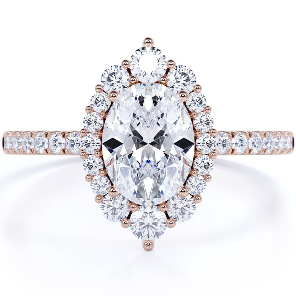Vintage Oval Moissanite and Diamond Halo Wedding Ring in 10k Rose Gold O22679