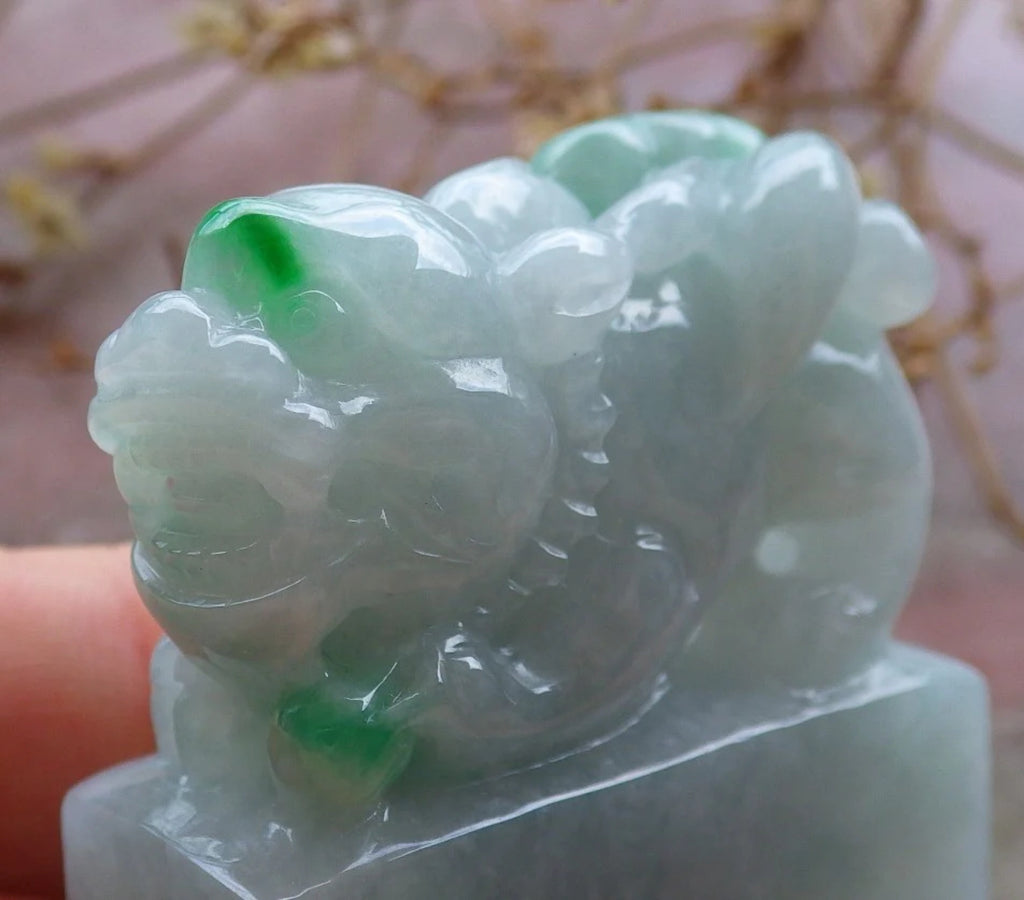 Green Natural Burma Jade Dragon Pi Xiu Chop Seal Display F147