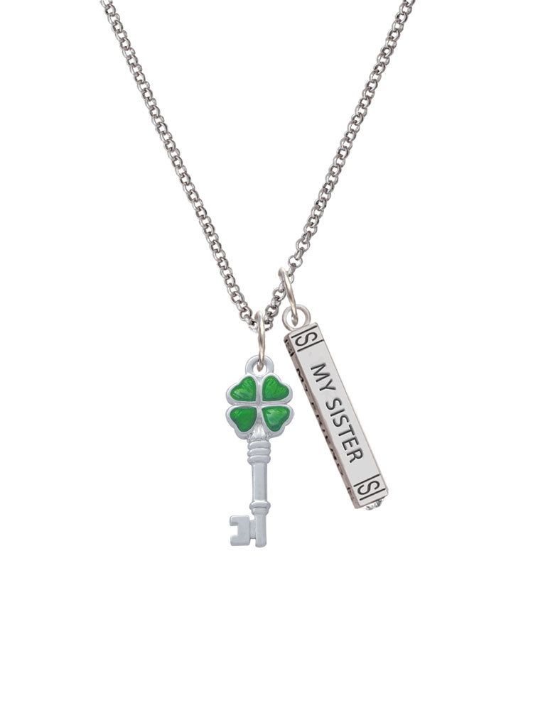 Silvertone Translucent Green Four Leaf Clover Key Sister Bar Charm Necklace, 23" L8298