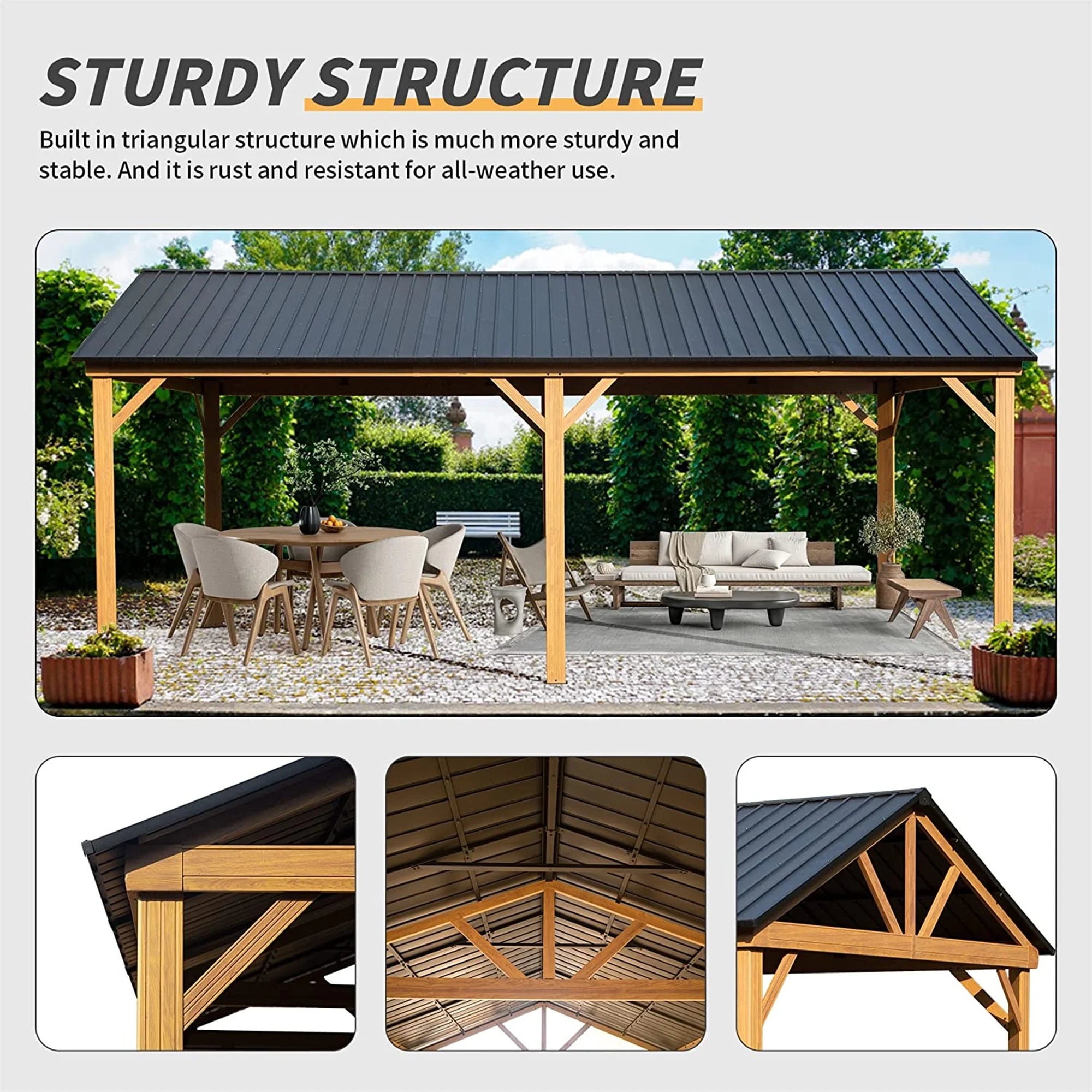 Galvanized Steel Gable Roof Gazebo with Wood Grain Aluminum Frame S46921