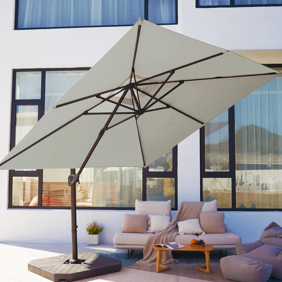 Beige 9x9 FT Square Cantilever Patio Umbrella with Aluminum Frame Y865473