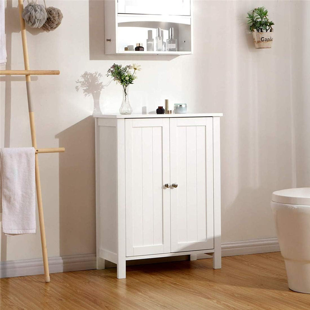 White Wood Bathroom Floor Storage Cabinet with Double Door and Adjustable Shelf K41965