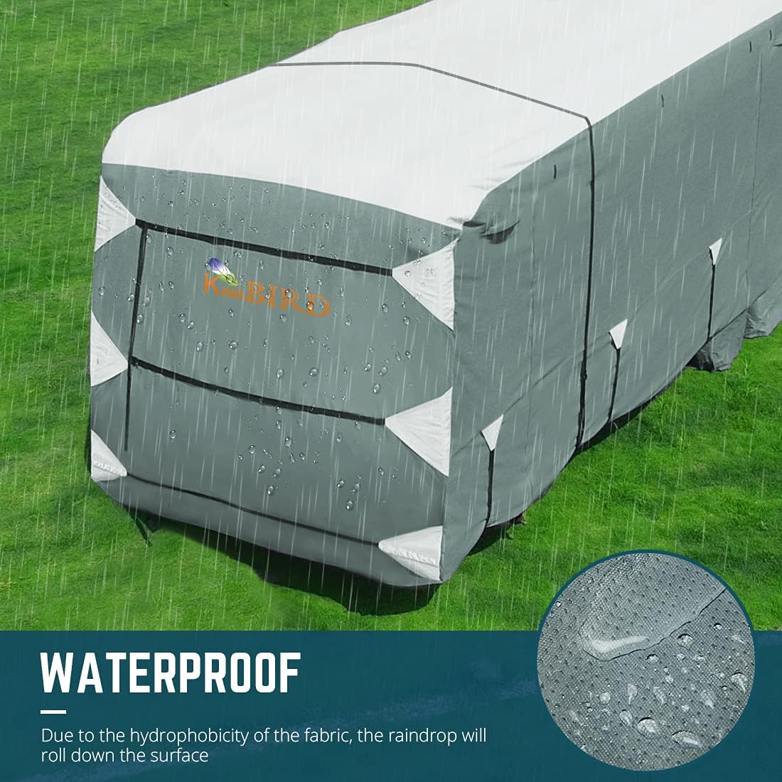 RV Cover, Extra-Thick 5 Layers Anti-UV Top Panel, Fits 30'-33' Motorhome, with 2Pcs Extra Straps & 4 Tire Covers I60060