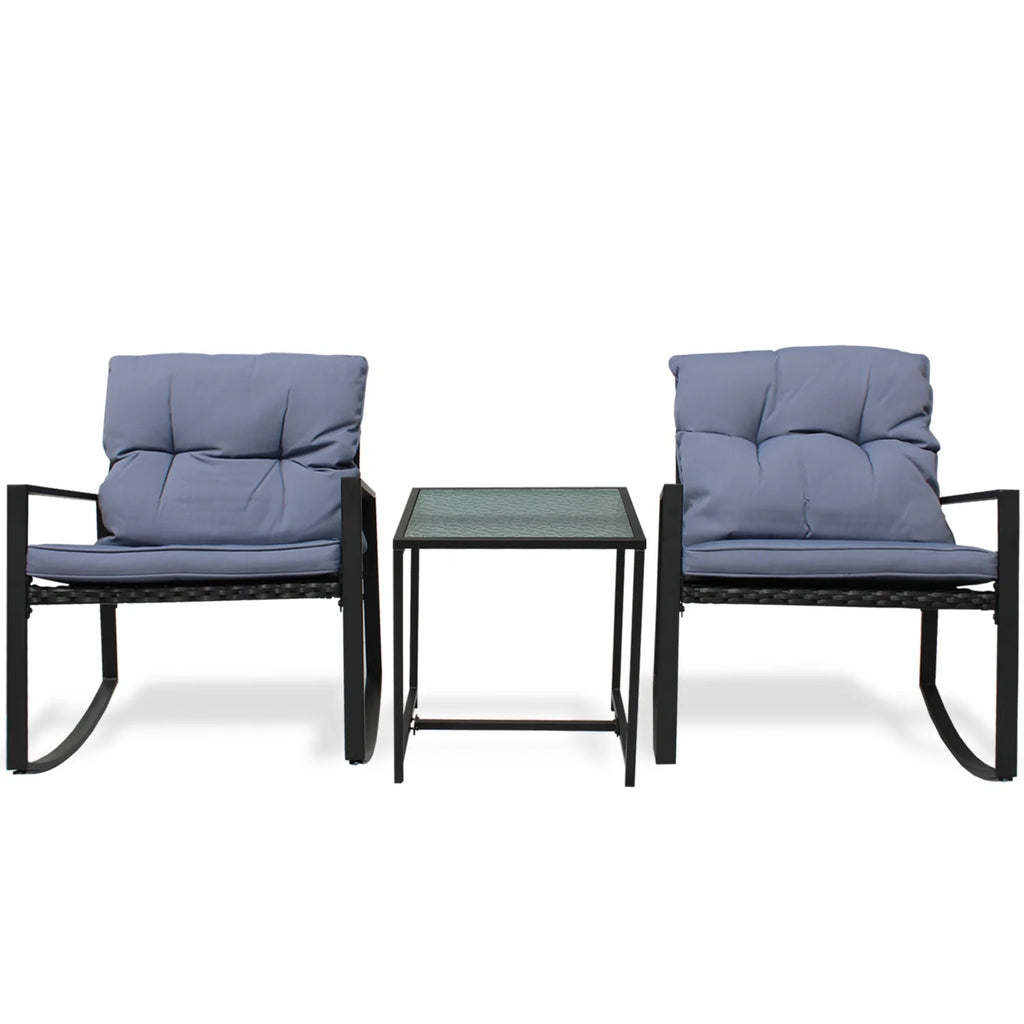 Black Wicker 3-Piece Rocking Chair Set with Glass Table A6604