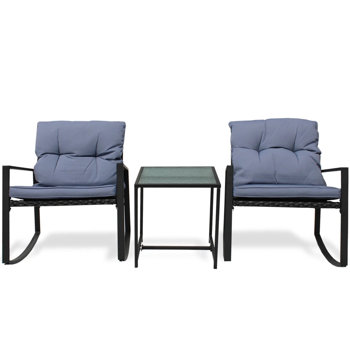 Black Wicker 3-Piece Rocking Chair Set with Glass Table A6604
