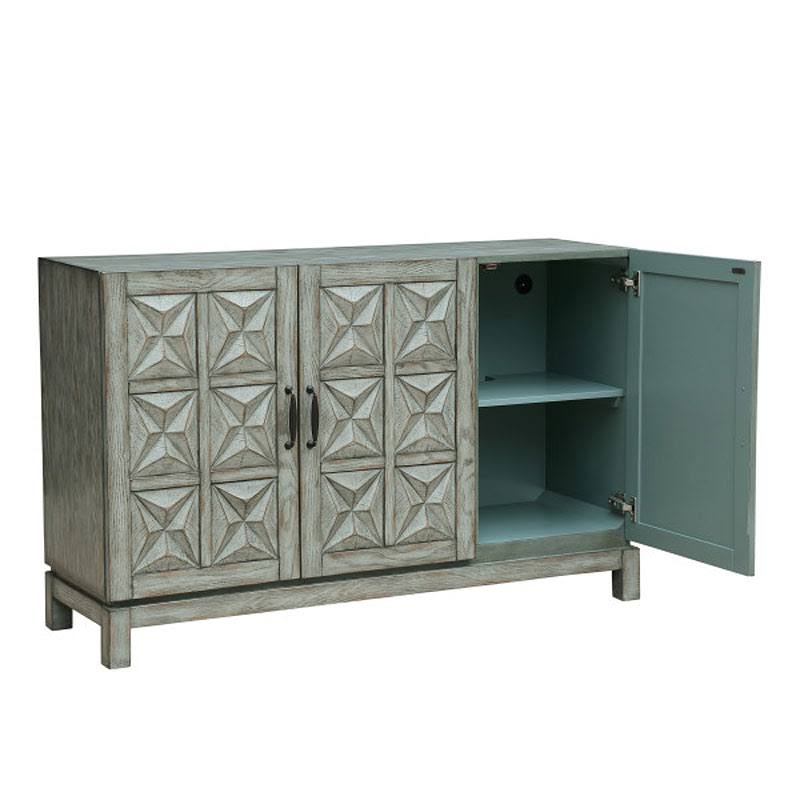 Three Door Carved Wood Console in Distressed Green and Gray Finish N41831